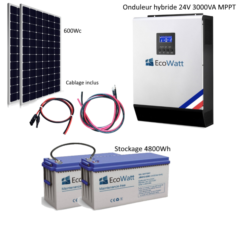 Kit solaire 750Wc hybride autonome 24v-230v - stockage 4800wh