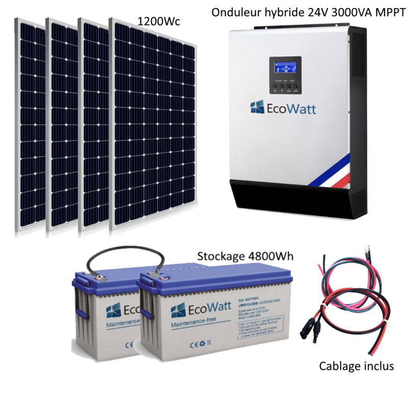 Kit solaire photovoltaïque autonome 825Wc OPzV 103Ah 24V 1200VA 220-240Vac