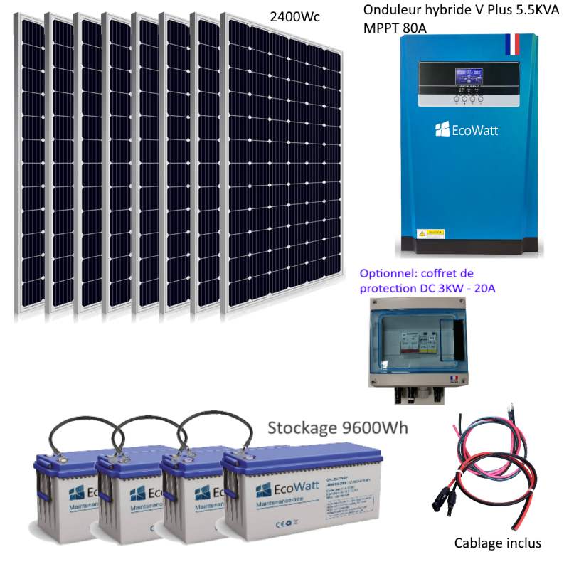 Kit solaire 750w autonome hybride 24v-230V 3KVA stockage 2400wh AP5-Pack  1445-defaultCombination