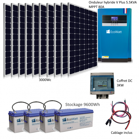 Kit Solaire 3000w Hybride Autonome 48v-230v - Stockage 9600wh