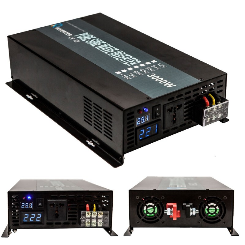 3000W Convertisseur Pur Sinus DC 12V à AC 220V Onduleur, 2 USB Ports, LED  affichage